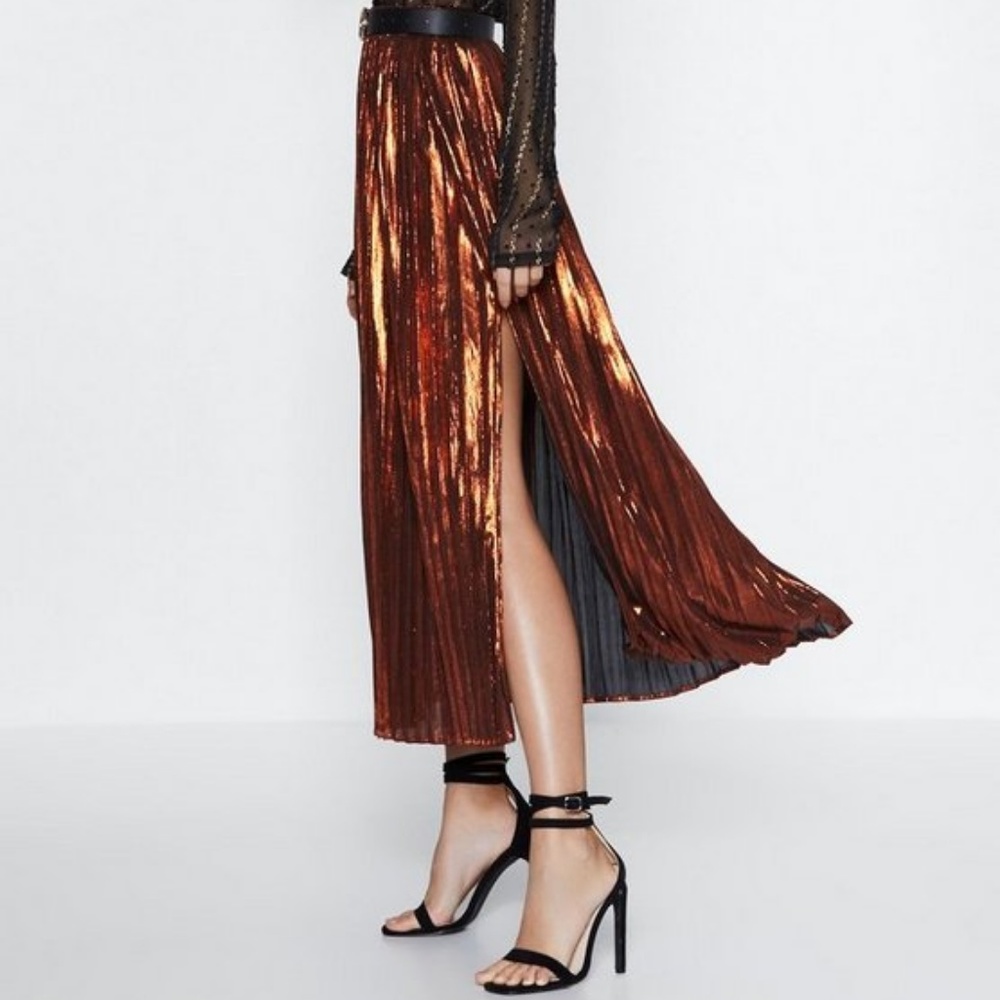 NASTY GAL Copper Metallic Pleated Skirt SZ 6